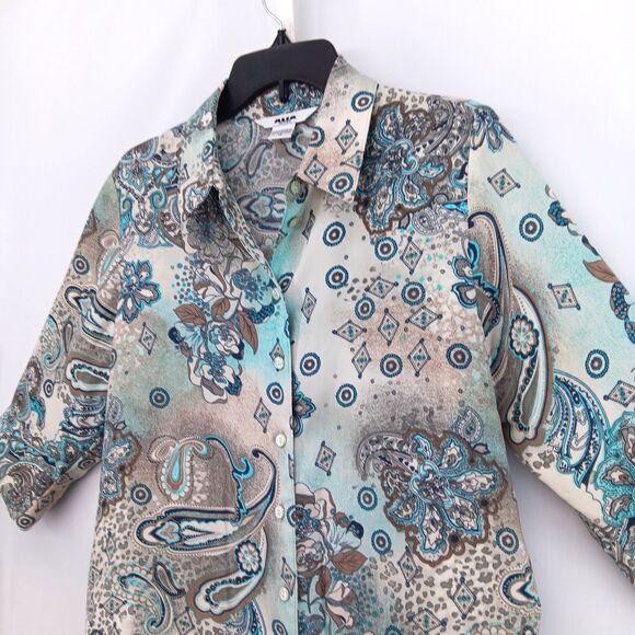 Alia Shirt Women Size 14 Blue Beige Paisley 3/4 Sleeve Collared Button Up Top - Picture 2 of 6